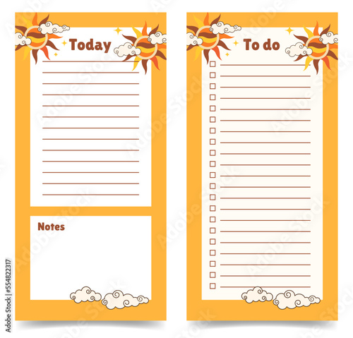 Two daily planners pages template.Tasks for today and checklist. Vertical journal on abstract orange background with sun elements. Retro groovy style. Vector illustration