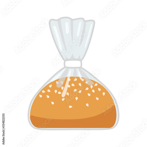 Bun bread for burger in plastic transparent packaging. Pastry bread from wheat in pack bag with clip, bakery food. Small loaf. Vector illustration