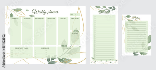 Set of horizontal personal weekly planner, notes, checklist template. Pages other format with Watercolor foliage design. Daily routine in vector format