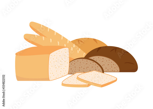 Pastry bread from wheat, whole grain and rye, bakery food set. White loaf, brown bread, toast bread, french baguette. Vector illustration