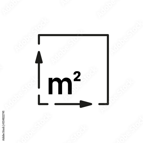 Square meter, size surface m2 icon. Measuring area dimension sign. Measure of place with length and width arrow. Quantity square metre of space. Vector
