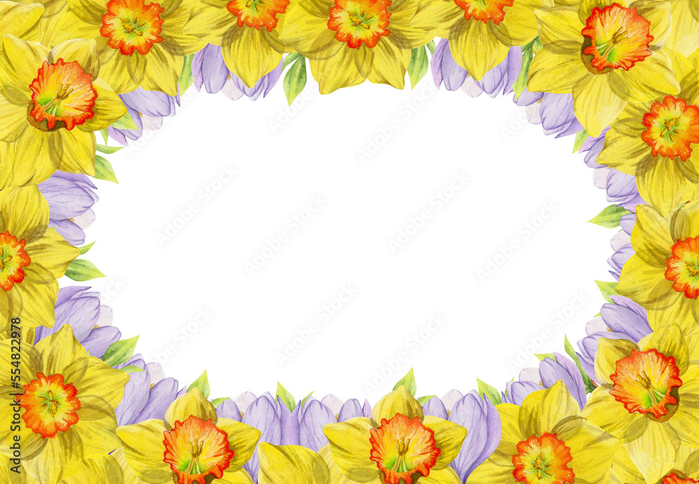 Watercolor hand drawn circle wreath with spring flowers, daffodils, crocus, snowdrops, leaves. Isolated on white background. Design for invitations, wedding, greeting cards, wallpaper, print, textile. Watercolor hand drawn circle wreath with spring flowers, daffodils, crocus, snowdrops, leaves. Isolated on white background. Design for invitations, wedding, greeting cards, wallpaper, print, textile.