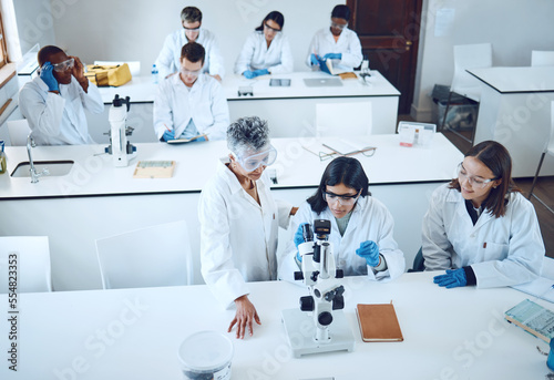 Science, university students and microscope in scientist lab for learning from mentor for medical education or medicine research in class. Pharmacist and chemistry test for women group for analysis
