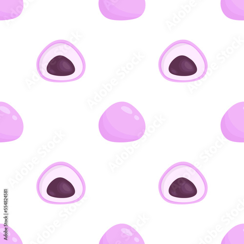 Vector seamless pattern with pink mochi with azuki bean paste. White background with japanese traditional dessert. Asian food.