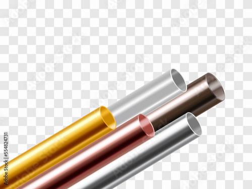 A set of copper, steel, aluminium, stainless, brass or gold pipes . Realistic vector illustration isolated on transparent background.