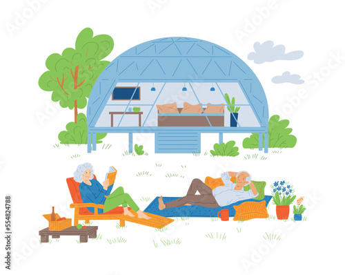 Elderly couple resting on glamping or camping comfortable site, vector isolated.