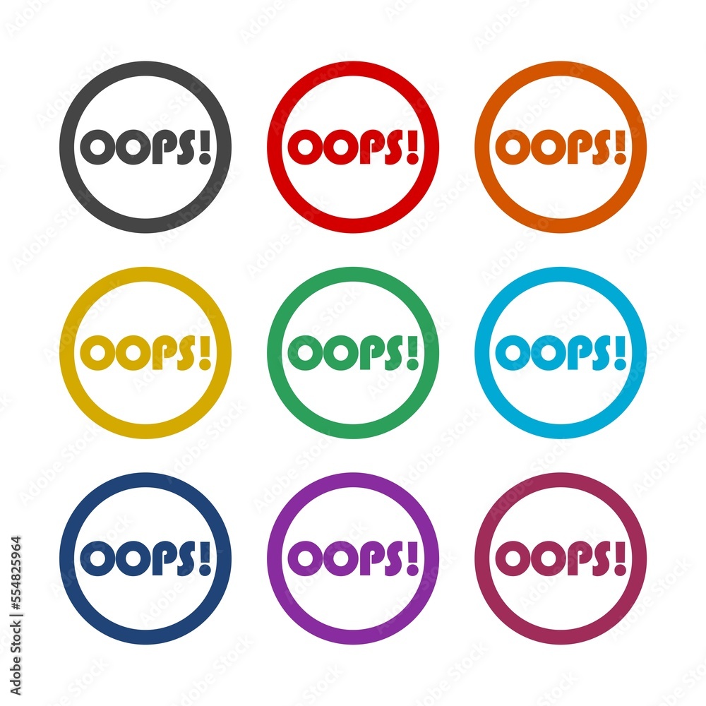 Oops lettering icon isolated on white background. Set icons colorful Oops lettering icon isolated on white background. Set icons colorful