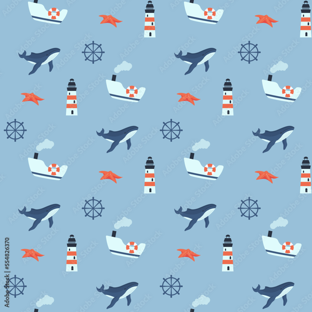 cute kids seamless pattern with lighthouse, whale, ship and starfish