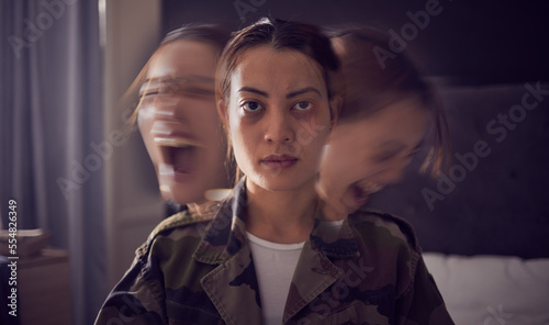 Bipolar, schizophrenia and military woman with PTSD, war stress and tired from mental health problem. Anxiety, screaming and portrait of a soldier with insomnia, trauma and angry from battle in home photo