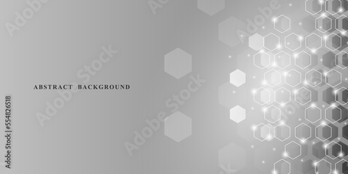 Abstract hexagonal molecular structures on technology background and scientific style. Connected lines and dots, molecules, DNA on a grey background. Medical design. Vector illustration.
