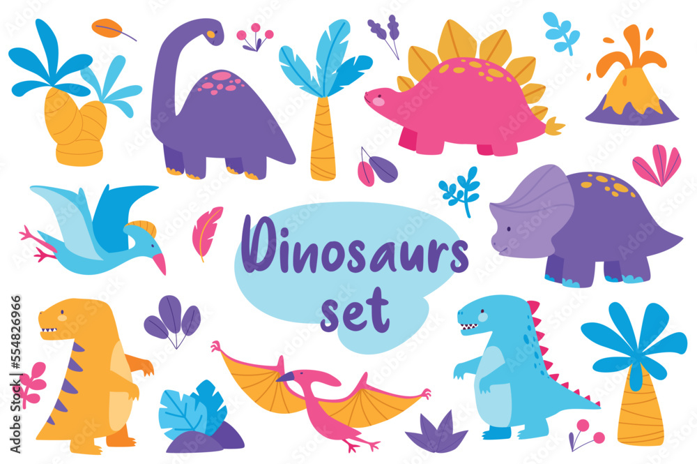 Cute dinosaurs isolated elements set in flat design. Bundle of childish Jurassic reptiles with brontosaurus, stegosaurus, triceratops, pterodactyl, velociraptor and palm trees. Vector illustration.