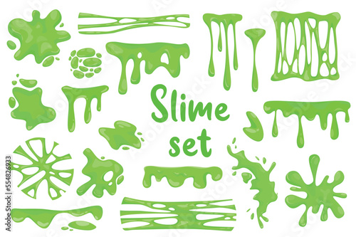 Green slime isolated elements set in flat design. Bundle of blobs and splashes of goo, different shapes of sticky dripping mucus, slimy stains texture, jelly borders with drops. Vector illustration.