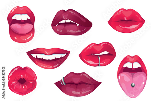Female red lips isolated elements set in flat design. Bundle of women mouth with with different expressions of emotions  piercing  vampire fangs  protruding tongue and other. Vector illustration.