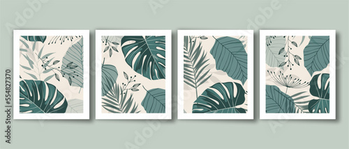 Tropical botanical wall art vector. Abstract art background with palm leaves, monstera leaf and design for wall decor, poster and wallpaper.