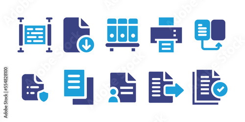 Documentation icon set. Vector illustration. Containing document, printing machine, exchange, file, documents, report