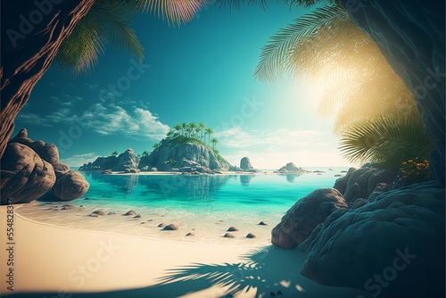 Summer beach with palm trees and palm leaves with extreme blue color sky. Summer beach in blue sky with palm trees.