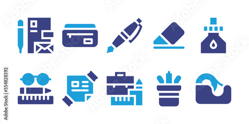 Stationery icon set. Vector illustration. Containing stationery, pencil case, pen, eraser, ink, sticky note, briefcase, adhesive tape