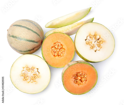 Tasty colorful ripe melons on white background, top view