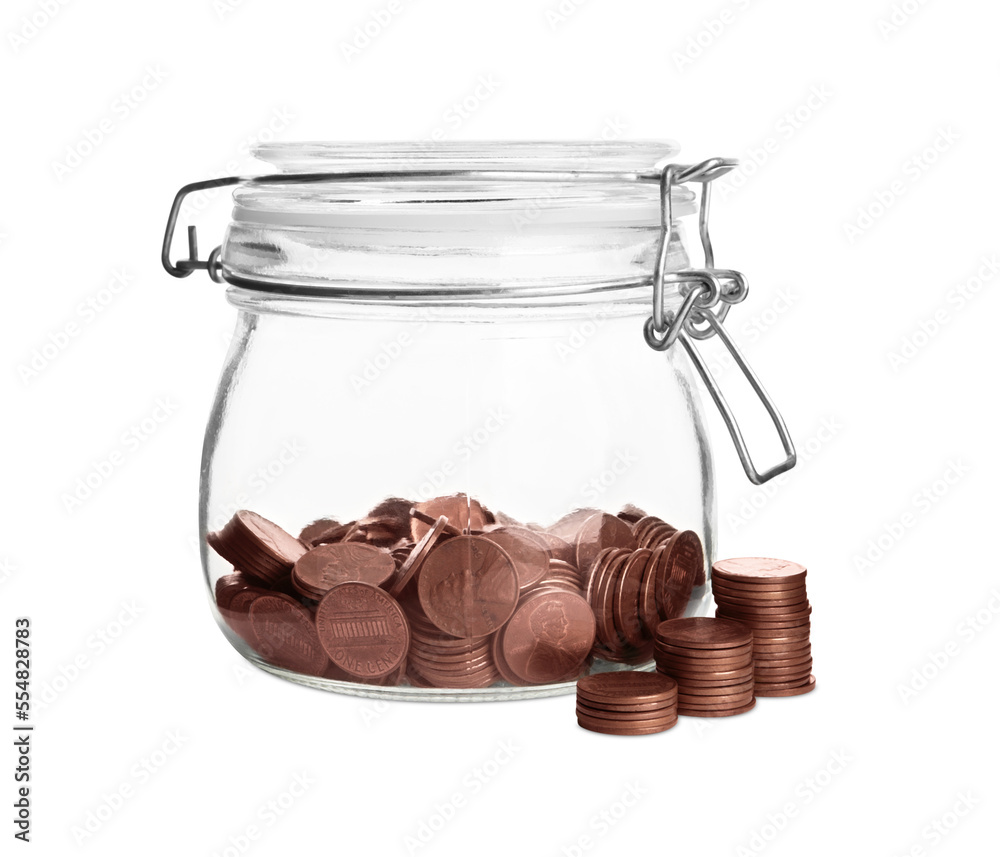 Glass jar of money and stack with coins isolated on white Glass jar of money and stack with coins isolated on white