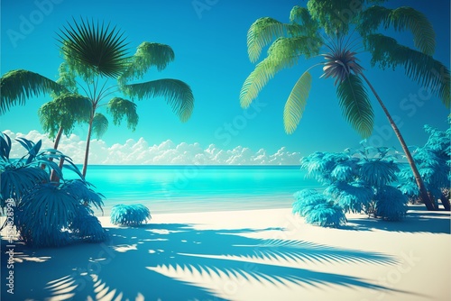 Summer beach with palm trees and palm leaves with extreme blue color sky. Summer beach in blue sky with palm trees. © Concept Killer