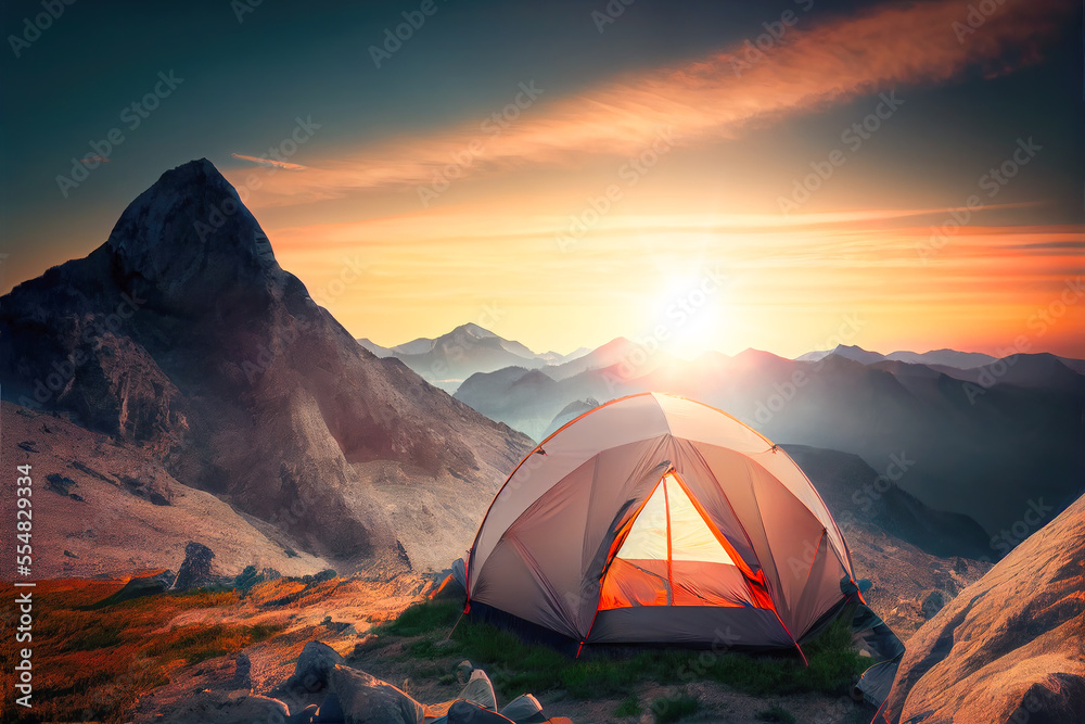 Tourist tent camping in mountains at sunset. AI generated