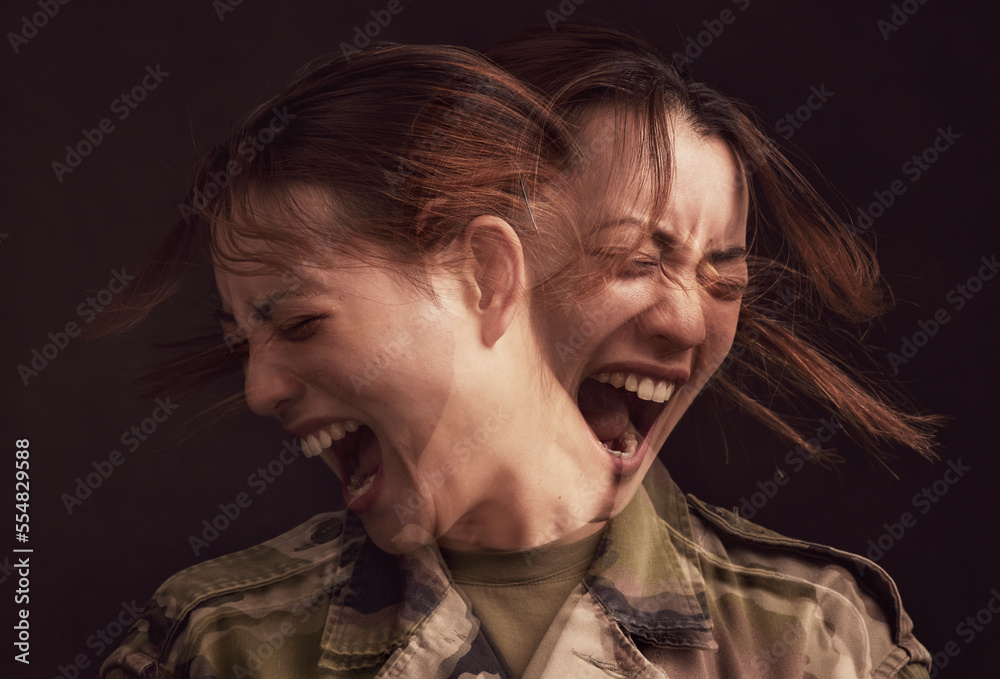 PTSD, depression and military woman with mental health problem, horror screaming and stress from war on black background in studio. Bipolar, anxiety and face of soldier with trauma, scared and angry PTSD, depression and military woman with mental health problem, horror screaming and stress from war on black background in studio. Bipolar, anxiety and face of soldier with trauma, scared and angry