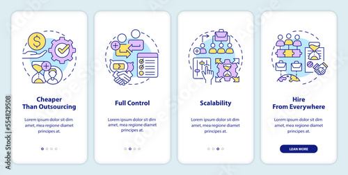 Outstaffing advantages onboarding mobile app screen. Cheap option walkthrough 4 steps editable graphic instructions with linear concepts. UI, UX, GUI template. Myriad Pro-Bold, Regular fonts used