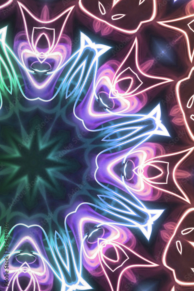 Esoteric magic neon glowing geometric mandala fantasy fractal. Abstract background