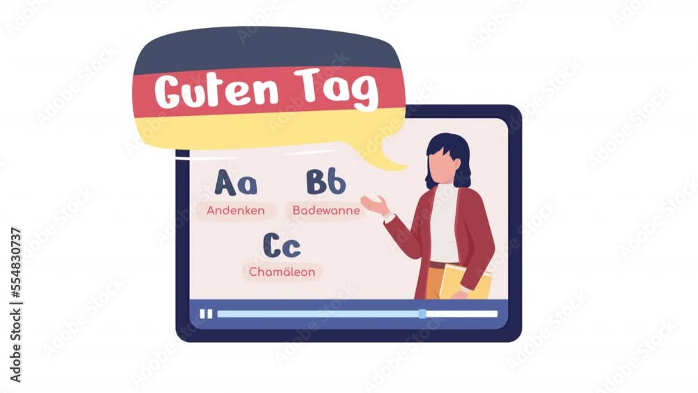 Animated learning German app. Studying languages online. Digital education. Flat element on white background with alpha channel transparency. Colorful cartoon style HD video footage for animation Animated learning German app. Studying languages online. Digital education. Flat element on white background with alpha channel transparency. Colorful cartoon style HD video footage for animation
