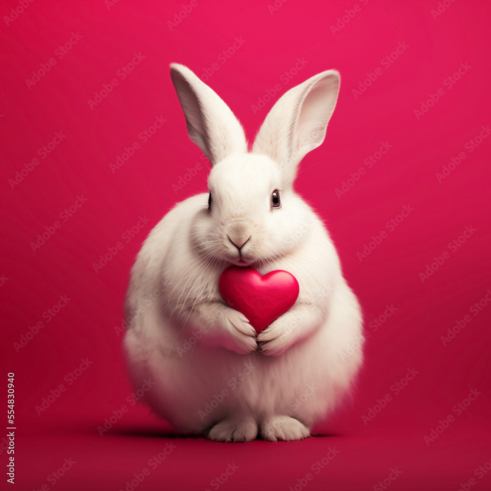 Fototapeta premium A white fluffy rabbit holds a red heart in its paws on a pink background, generative AI, generative artificial intelligence