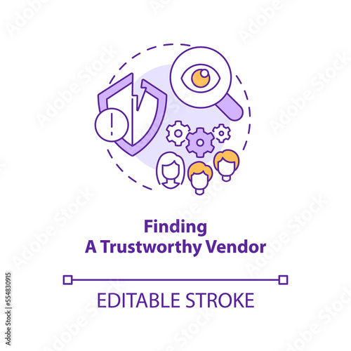 Finding trustworthy vendor concept icon. Problem with outsourcing abstract idea thin line illustration. Recognize fraud. Isolated outline drawing. Editable stroke. Arial, Myriad Pro-Bold fonts used