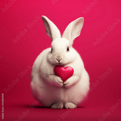 A white fluffy rabbit holds a red heart in its paws on a pink background, generative AI, generative artificial intelligence