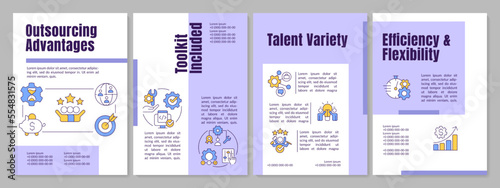 Outsourcing benefits purple brochure template. Efficiency, flexibility. Leaflet design with linear icons. Editable 4 vector layouts for presentation, annual reports. Anton, Lato-Regular fonts used