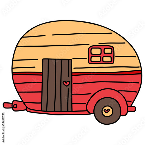 Camping trailer, Red classic camper van, Hand drawn romantic illustration for Valentines day