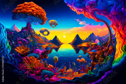 Fluorescent Dreamy Mystical colorful glowing fantasy world Imagination of start of mind
