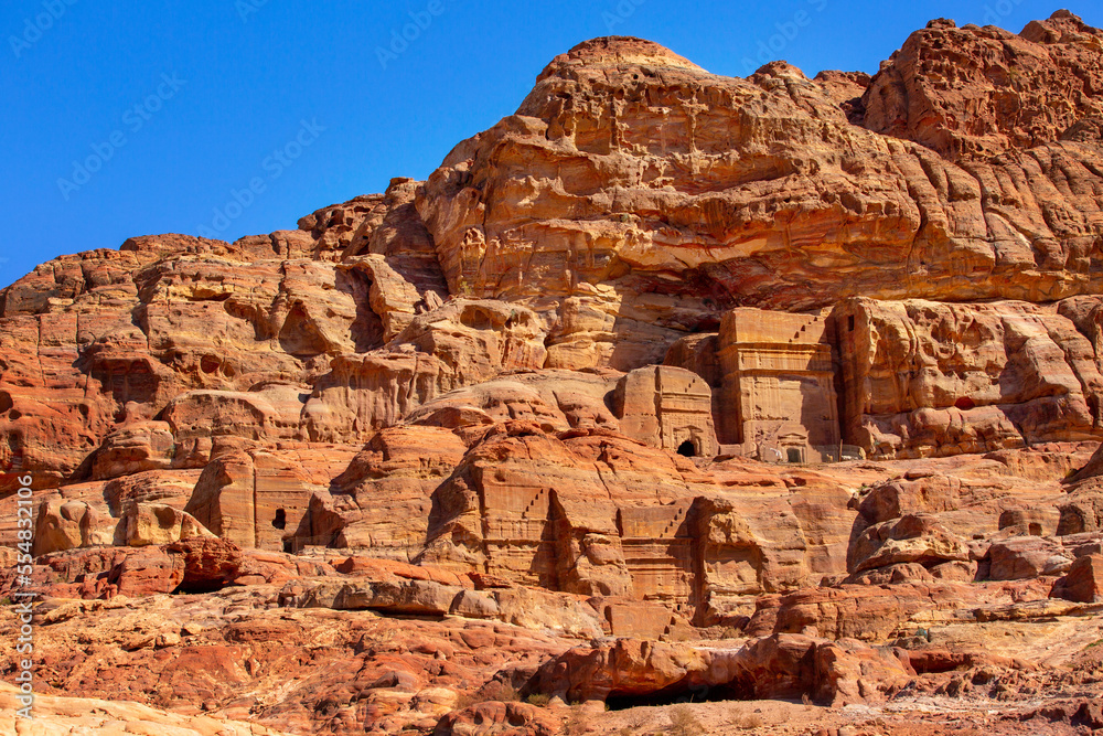 Facades Street caves in the ancient city of Petra City, Jordan Petra, famous historical and archaeological site