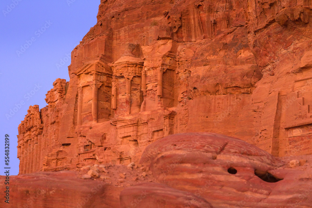 Petra, Jordan Corinthian Royal Tomb in ancient Nabataean city, evening dusk blue hour view