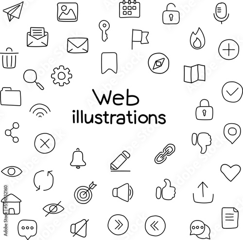 Doodle icon set. General web icons. set of icons for web. Doodle like, doodle notification, doodle target icon, Doodle chat bubble, doodle email, doodle microphone. Sketch style icons for site / web