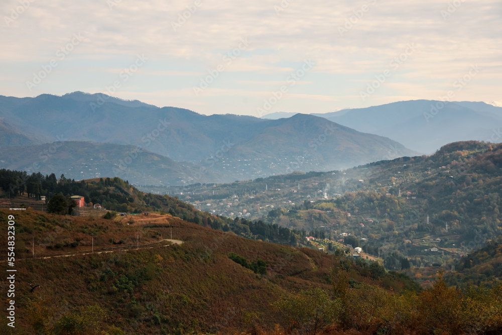 Picturesque view of beautiful valley with houses in mountains Picturesque view of beautiful valley with houses in mountains