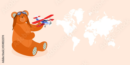 Pilot teddy bear in flight cap and goggles holds toy wooden airplane in his hands against  background of  world map. Travel concept. Vector illustration in cartoon style.