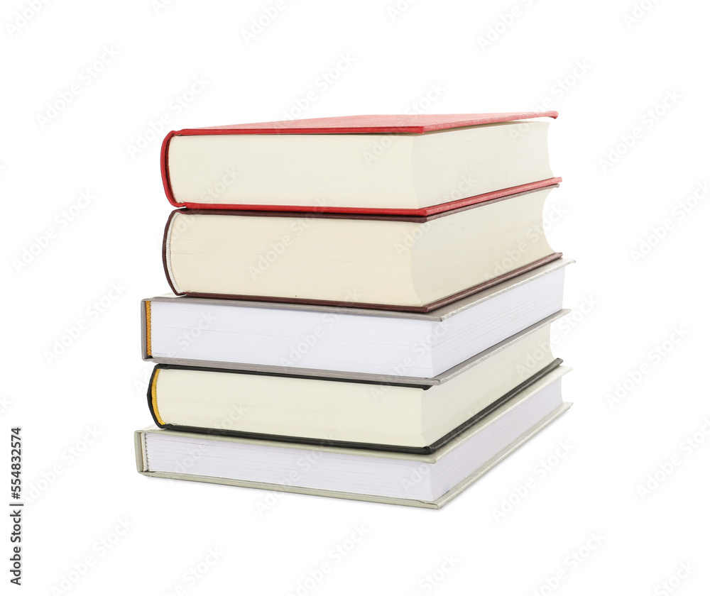 Many different books stacked on white background Many different books stacked on white background