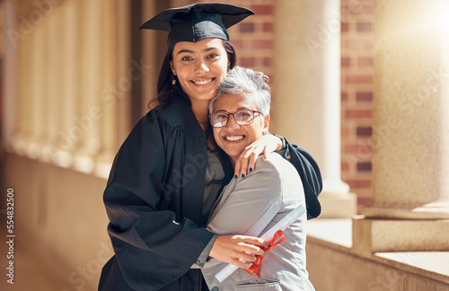 Tableau sur toile Graduation, university and portrait of mother with girl at academic ceremony, celebration and achievement