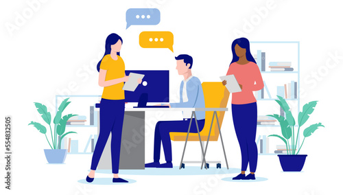 People in office talking - Three characters working with computers having discussion and verbal communication with speech bubbles. Flat design vector illustration with white background