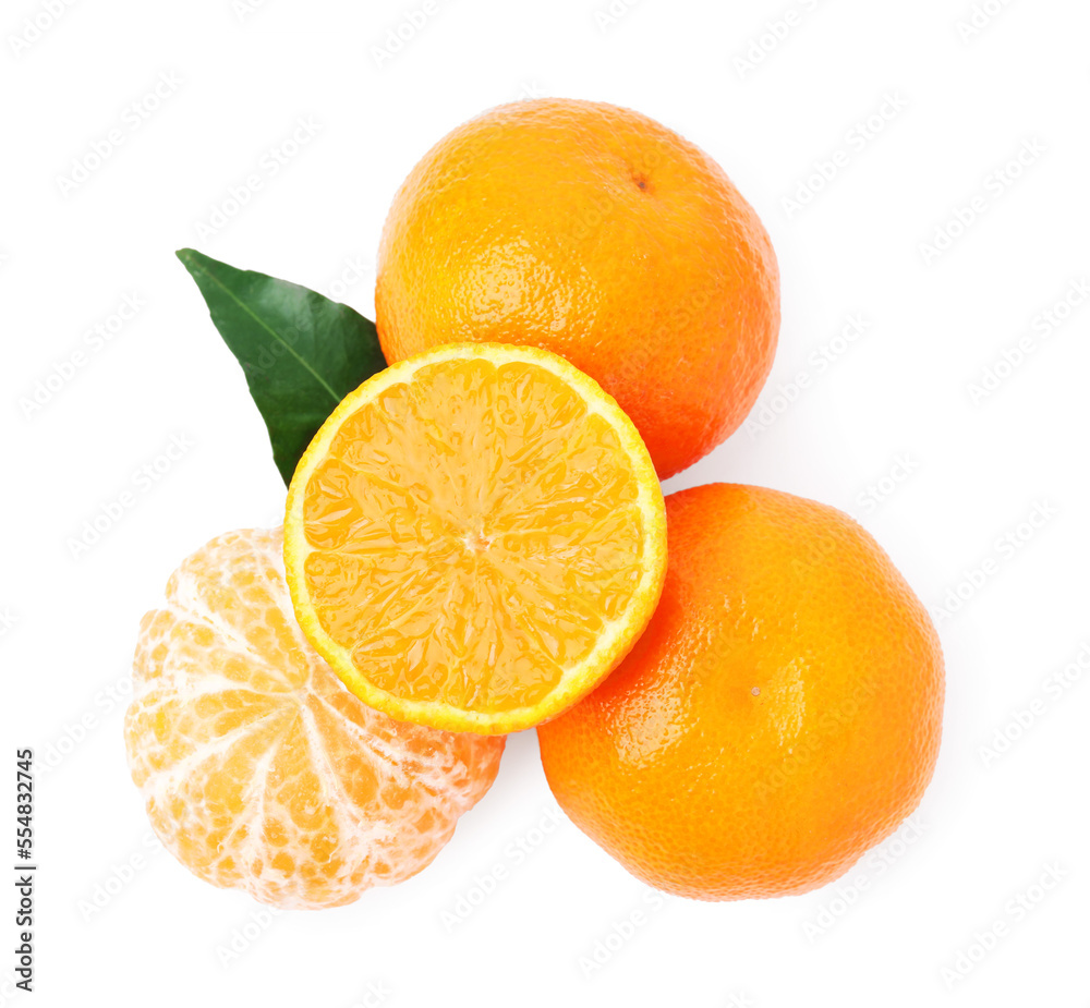 Fresh ripe juicy tangerines with green leaf on white background, top view Fresh ripe juicy tangerines with green leaf on white background, top view
