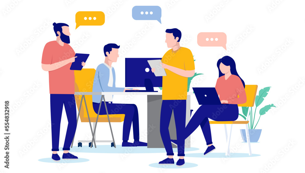 Office teamwork talk - People talking together at work, discussing and solving problems. Workplace communication concept vector illustration with white background