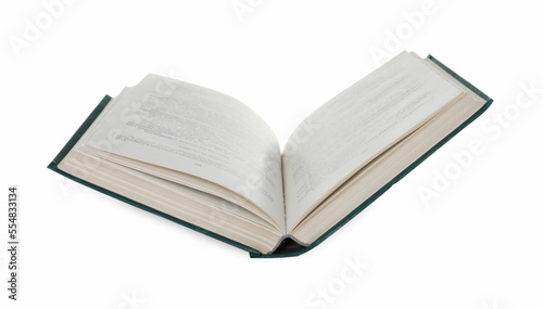 Open old hardcover book isolated on white