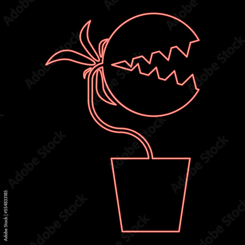 Neon carnivorous plant Flytrap Monster with teeths in pot red color vector illustration image flat style