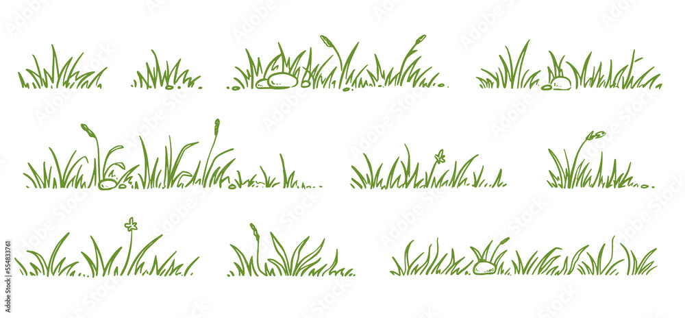 Grass doodle sketch style set. Hand drawn grass field outline scribble background. Sprout, flower, clover elements. Vector illustration.