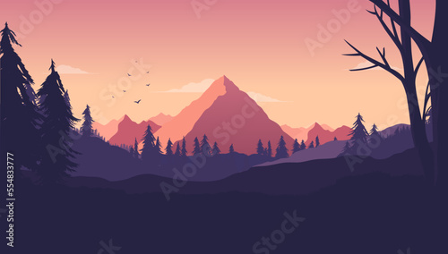 Warm beautiful landscape - Nordic nature scene with tall mountain and forest. Travel, hiking and adventure concept vector illustration