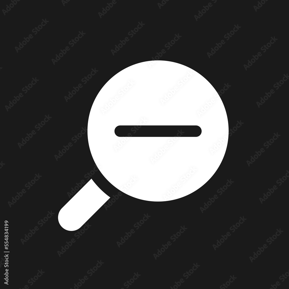Magnifying glass with minus for map dark mode glyph ui icon. Magnifier. User interface design. White silhouette symbol on black space. Solid pictogram for web, mobile. Vector isolated illustration Magnifying glass with minus for map dark mode glyph ui icon. Magnifier. User interface design. White silhouette symbol on black space. Solid pictogram for web, mobile. Vector isolated illustration